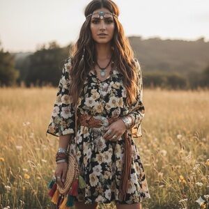 FOREVER 21 Boho Sheer Black Botanical Floral Bell Sleeve Mini Dress S